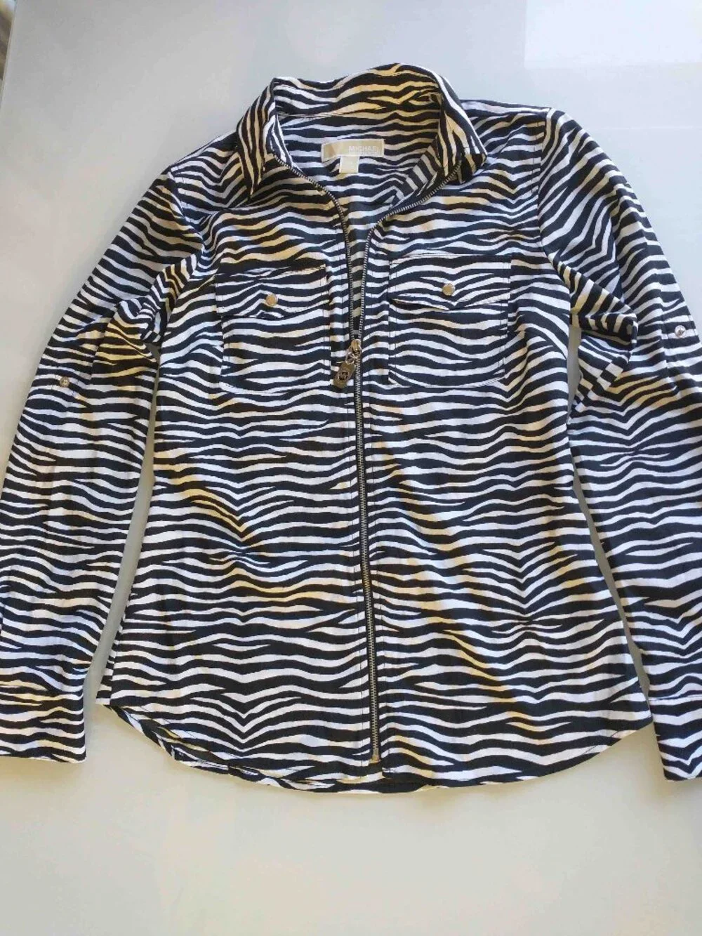 Michael Kors Zebra Print Zip-Front Roll-Tab Utility Lightweight Blouse XS